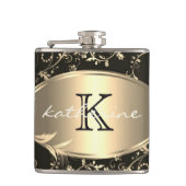 金ゴールドブラックフローラモノグラム名パーソナライズされた フラスク (正面)