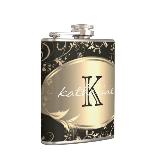 金ゴールドブラックフローラモノグラム名パーソナライズされた フラスク (右)