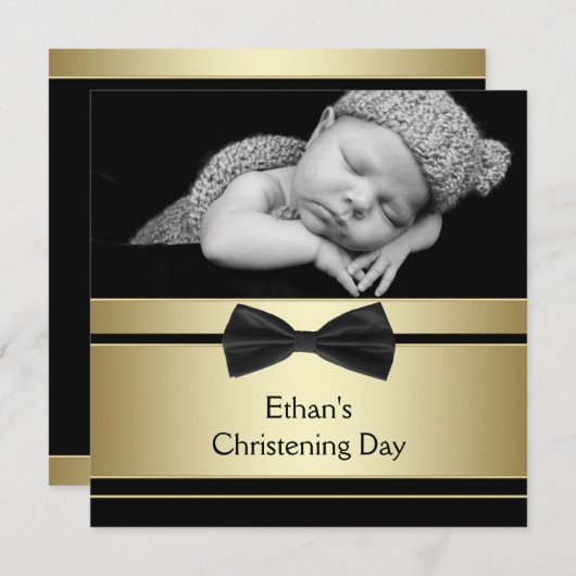 金ゴールドブラックボウタイ男の赤ちゃんフォト《キリスト教》洗礼式や命名式 招待状 (正面/裏面)