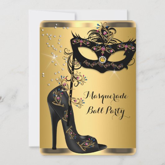 金ゴールドブラックマスカレードボールパーティーマスクジュエル 招待状 (正面)