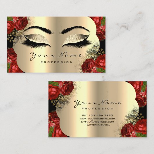 金ゴールドブラックメイクアップアーティストラッシュフローラレッドローズ 名刺 (正面/裏面)