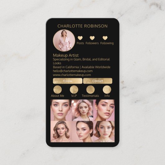 金ゴールドブラックメイク美しいソーシャルメディア影響者 名刺 (正面)