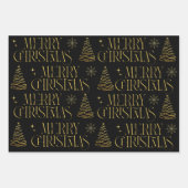 金ゴールドブラックメリークリスマスツリースノーフレークスタイリッシュ ラッピングペーパーシート (正面3)