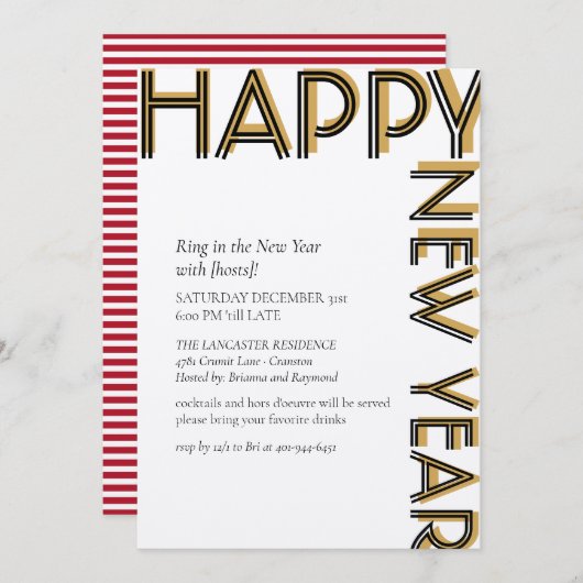 金ゴールドブラックモダンハッピーニューイヤーイブパーティー 招待状 (正面/裏面)
