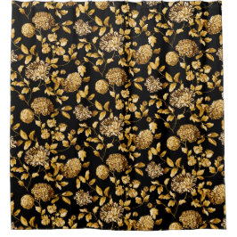 金ゴールドブラックモダンヴィンテージ植物フローラトイール シャワーカーテン