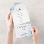 金ゴールドブラックモノグラムブルーウォーター結婚カラー オールインワン招待状 (貼ってはがせる)