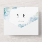 金ゴールドブラックモノグラムブルーウォーター結婚カラー オールインワン招待状 (裏面)