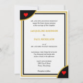 金ゴールドブラックモノグラム幾何結婚赤いハート 招待状 (正面)