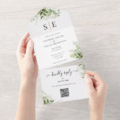 金ゴールドブラックモノグラムQRコードグリーン結婚リー オールインワン招待状 (貼ってはがせる)