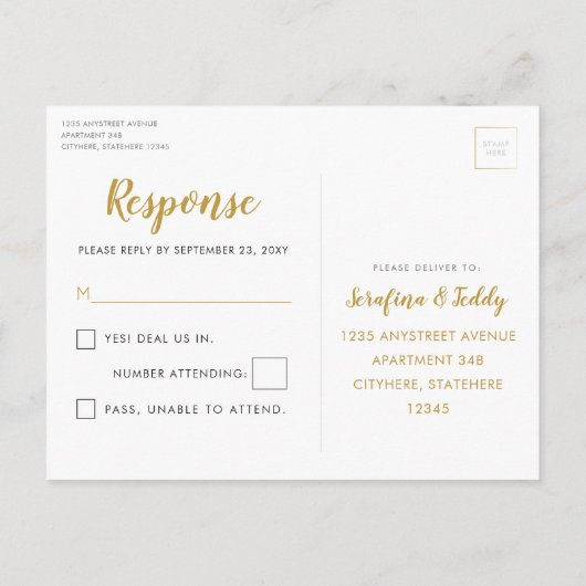 金ゴールドブラックラスベガスウェディングRSVPレスポンスカード 案内ポストカード (裏面)