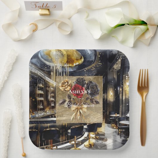 金ゴールドブラックレッドナイトクラブフローラブライダルシャワー ペーパープレート (ウェディング)
