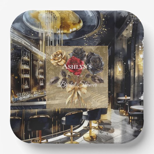 金ゴールドブラックレッドナイトクラブフローラブライダルシャワー ペーパープレート (正面)