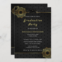 金ゴールドブラックレースフラワー卒業パーティー招待状