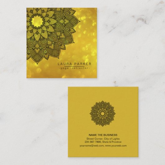 金ゴールドブラックロータスマンダラヨガインストラクターホリスティック スクエア名刺 (正面/裏面)