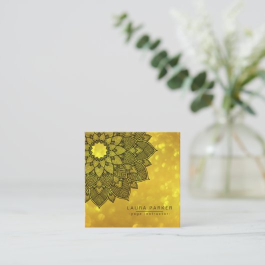 金ゴールドブラックロータスマンダラヨガインストラクターホリスティック スクエア名刺 (スタンド正面)