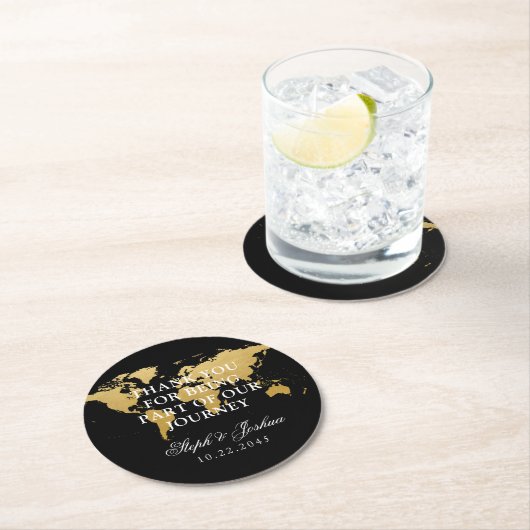 金ゴールドブラックワールドマップサンキュー結婚式の引き出物 ラウンドペーパーコースター (インサイチュ)