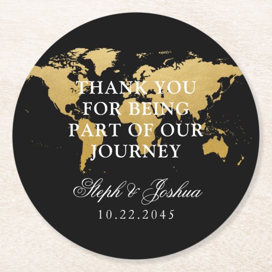 金ゴールドブラックワールドマップサンキュー結婚式の引き出物 ラウンドペーパーコースター (正面)