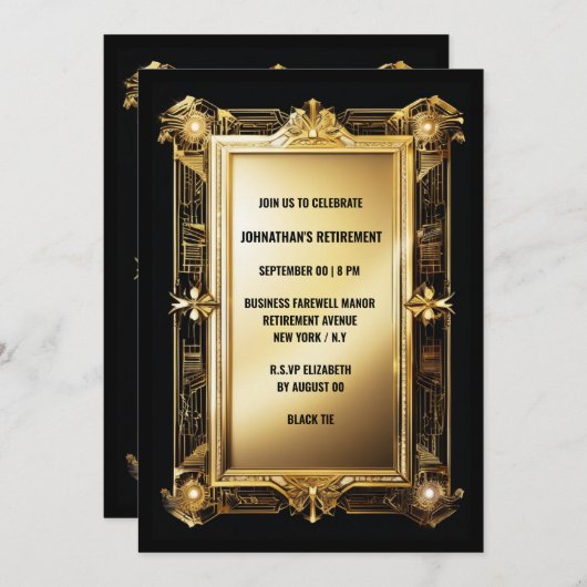 金ゴールドブラック写真の引退のお別れアートdeco 招待状 (正面/裏面)