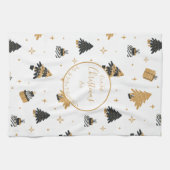 金ゴールドブラック初めてのクリスマスツリーパターンカスタム キッチンタオル (横)