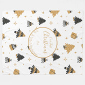 金ゴールドブラック初めてのクリスマスツリーパターンカスタム フリースブランケット (正面(横))