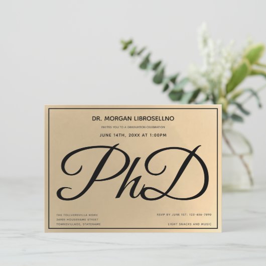 金ゴールドブラック博士課程の卒業式パーティー 招待状 (スタンド正面)