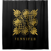 金ゴールドブラック古代ギリシャのミアンダーモノグラム シャワーカーテン (正面)
