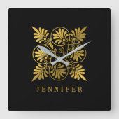 金ゴールドブラック古代ギリシャのミアンダーモノグラム スクエア壁時計 (正面)