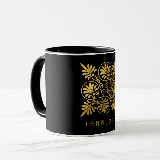 金ゴールドブラック古代ギリシャのミアンダーモノグラム マグカップ (正面左)