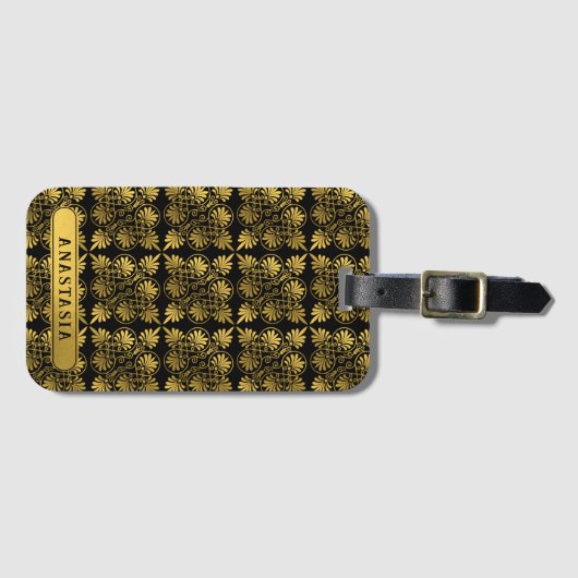 金ゴールドブラック古代ギリシャの蛇行パターン名 ラゲッジタグ (正面横)