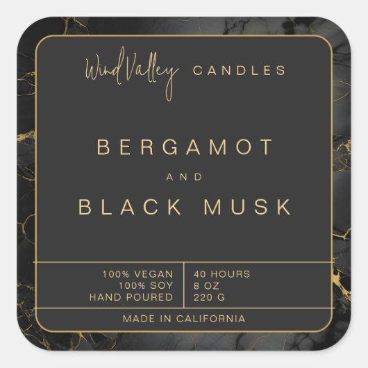 金ゴールドブラック大理石エレガントモダンキャンドラベル スクエアシール (正面)