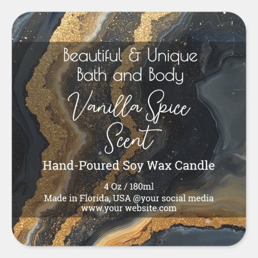 金ゴールドブラック大理石ボトルキャンドル製品ラベル スクエアシール (正面)