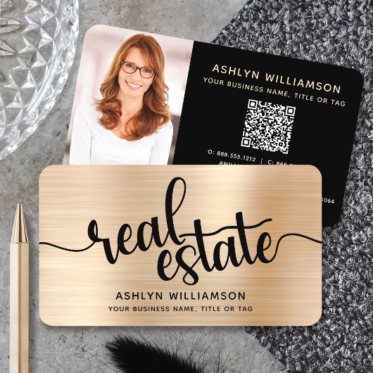 金ゴールドブラック実在エステートエージェントQRコードフォトブローカー 名刺