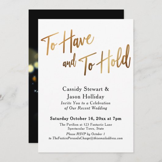 金ゴールドブラック持って保持する《写真》ぼけ味披露宴 招待状 (正面/裏面)