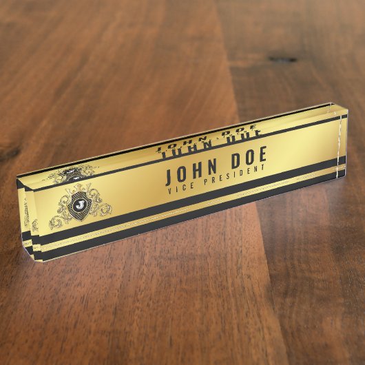 金ゴールドブラック机用ネームプレートとモノグラム デスクネームプレート (側面)