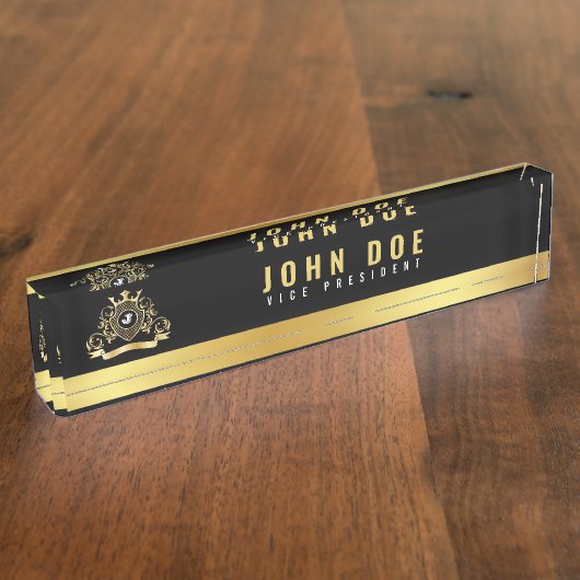 金ゴールドブラック机用ネームプレートとモノグラム デスクネームプレート (側面)