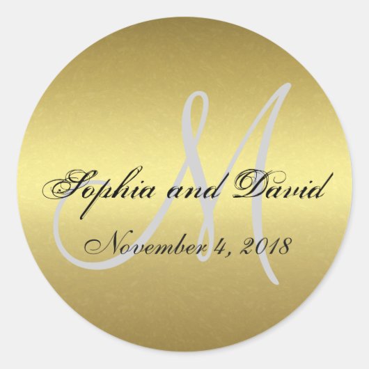 金ゴールドブラック王室の結婚式の引き出物ステッカーMonogram ラウンドシール (正面)