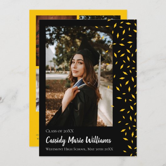 金ゴールドブラック紙吹雪卒業発表 招待状 (正面/裏面)