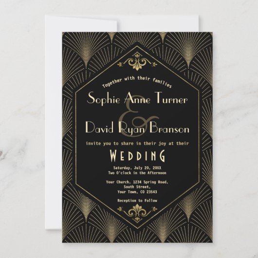 金ゴールドブラック素晴らしギャツビーヴィンテージ結婚アールデコ 招待状 (正面)
