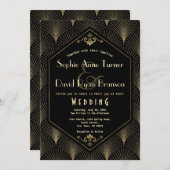 金ゴールドブラック素晴らしギャツビーヴィンテージ結婚アールデコ 招待状 (正面/裏面)