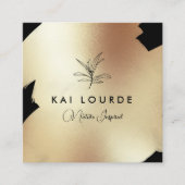 金ゴールドブラック絵を描抽象芸術リーフブランチスクエアブ スクエア名刺 (正面)