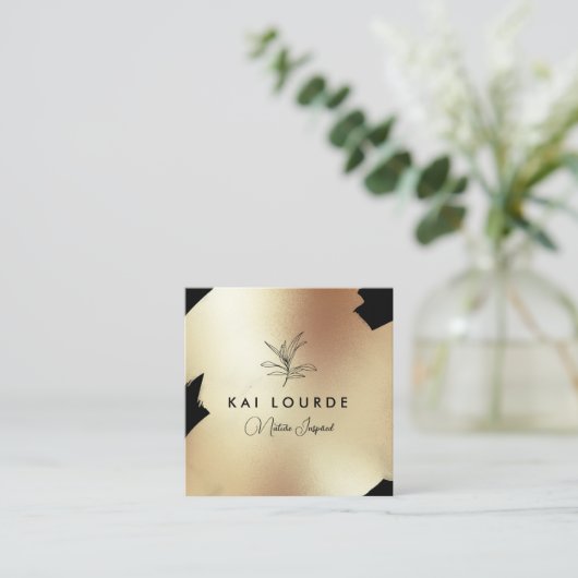 金ゴールドブラック絵を描抽象芸術リーフブランチスクエアブ スクエア名刺 (スタンド正面)
