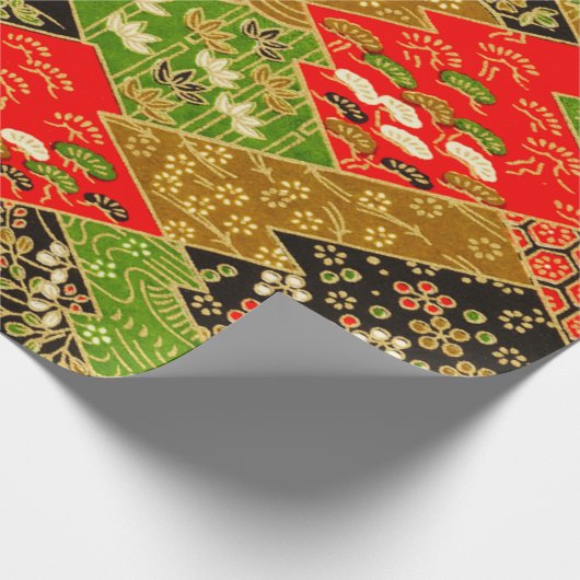 金ゴールドブラック緑の着物日本のフローラのデコパージュ ラッピングペーパー (角)