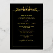 金ゴールドブラック縁どフローラモノグラム結婚ズ 箔招待状 (正面)