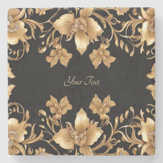 金ゴールドブラック華美フローラストーンコースター ストーンコースター (正面)