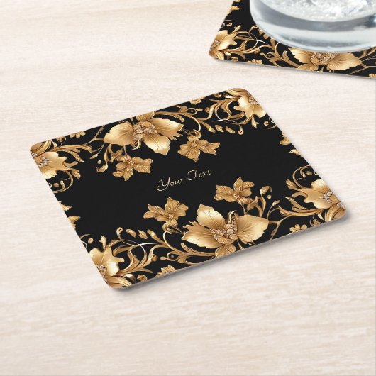 金ゴールドブラック華美フローラ紙コースター スクエアペーパーコースター (アングル)