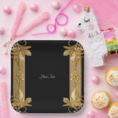 金ゴールドブラック華美フローラ紙プレート ペーパープレート (パーティー)