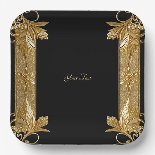 金ゴールドブラック華美フローラ紙プレート ペーパープレート (正面)