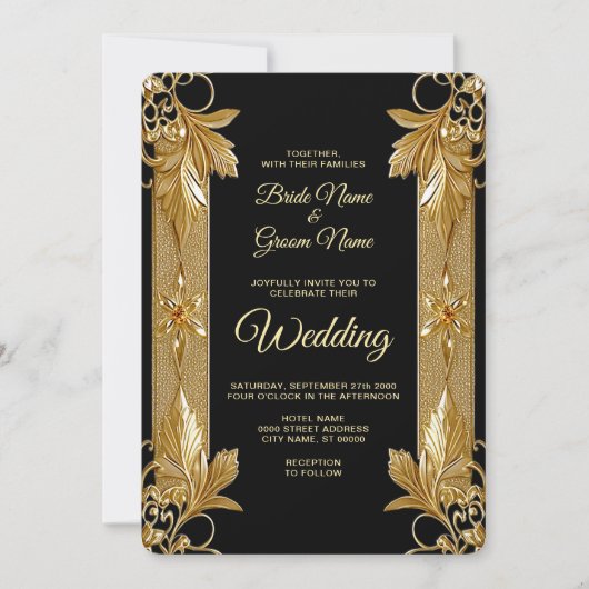 金ゴールドブラック華美フローラ結婚式招待状 招待状 (正面)