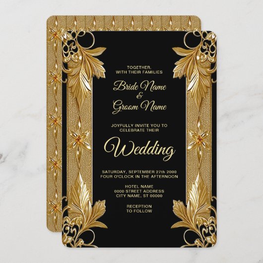 金ゴールドブラック華美フローラ結婚式招待状 招待状 (正面/裏面)