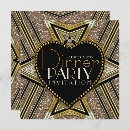 金ゴールドブラック1920アールデコディナーパーティの招待状 招待状 (正面/裏面)